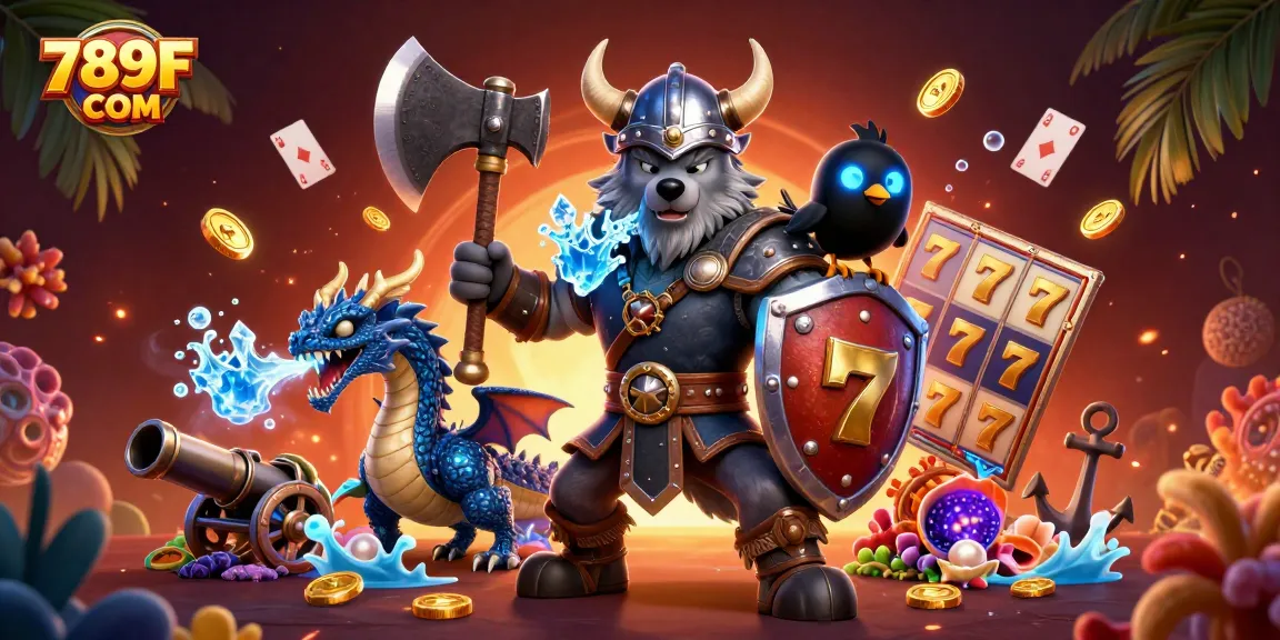 Engage in thrilling gameplay with 789F COM, featuring a Viking warrior, dragon, and slot reels.