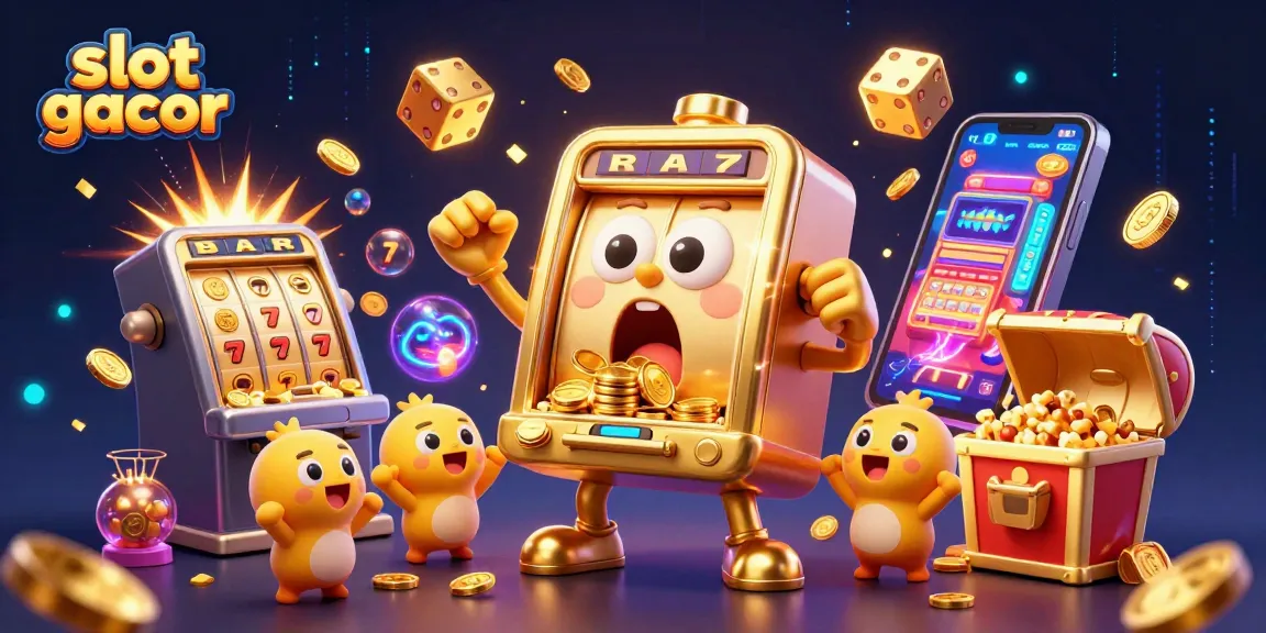 Experience the excitement of slot gacor with a golden slot machine hitting its jackpot in a lively casino scene.