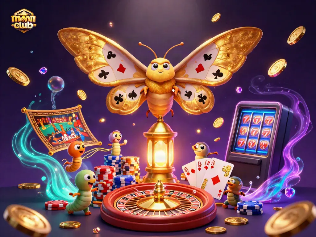 Experience excitement at manclub with a vibrant 3D casino scene showcasing games, cash, and luck.