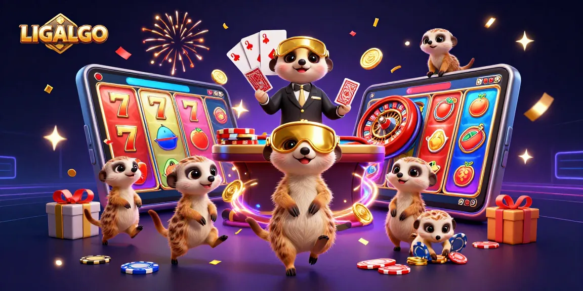 LIGALGO meerkats engage in a vibrant casino scene with slot games and festive elements.