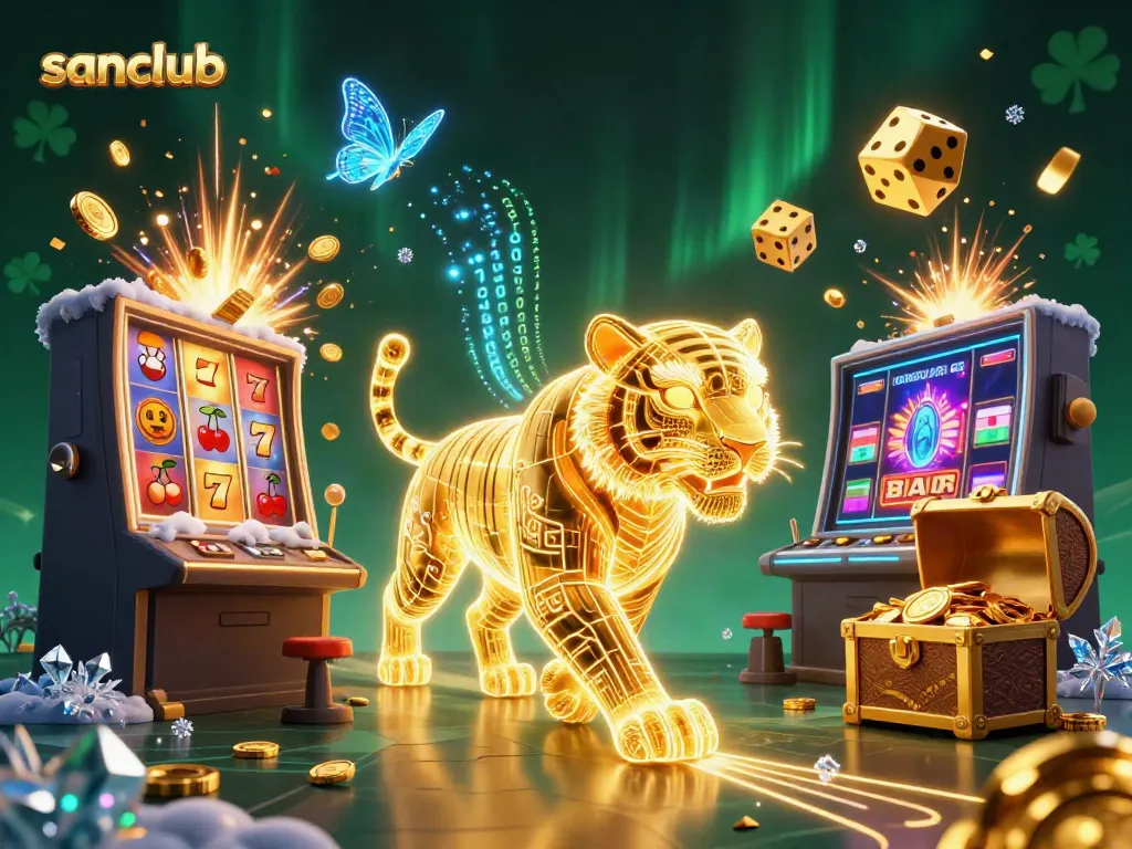 Experience excitement at Sanclub with a golden tiger amidst vibrant casino elements.