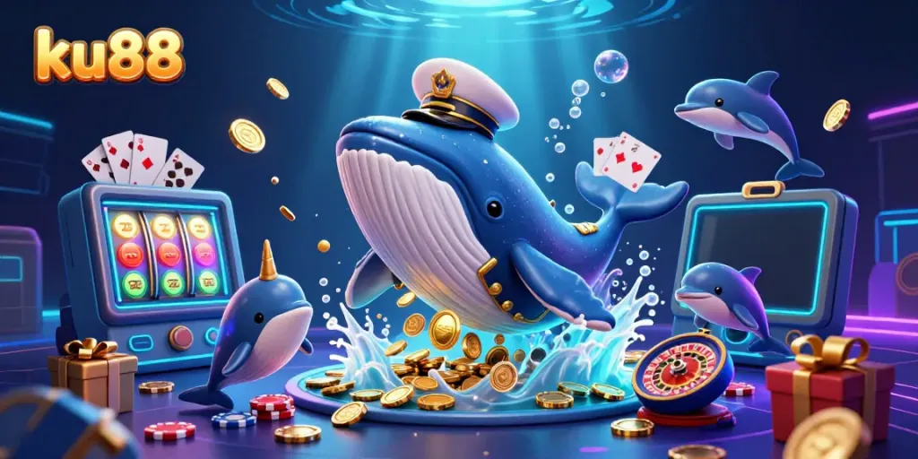 ku88 promotes exciting gaming experiences with a whimsical underwater casino illustration featuring a whale and dolphins.
