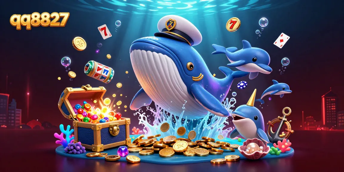 Experience thrilling gameplay with qq8827 as a cartoon whale breaches through coins alongside poker chip dolphins.