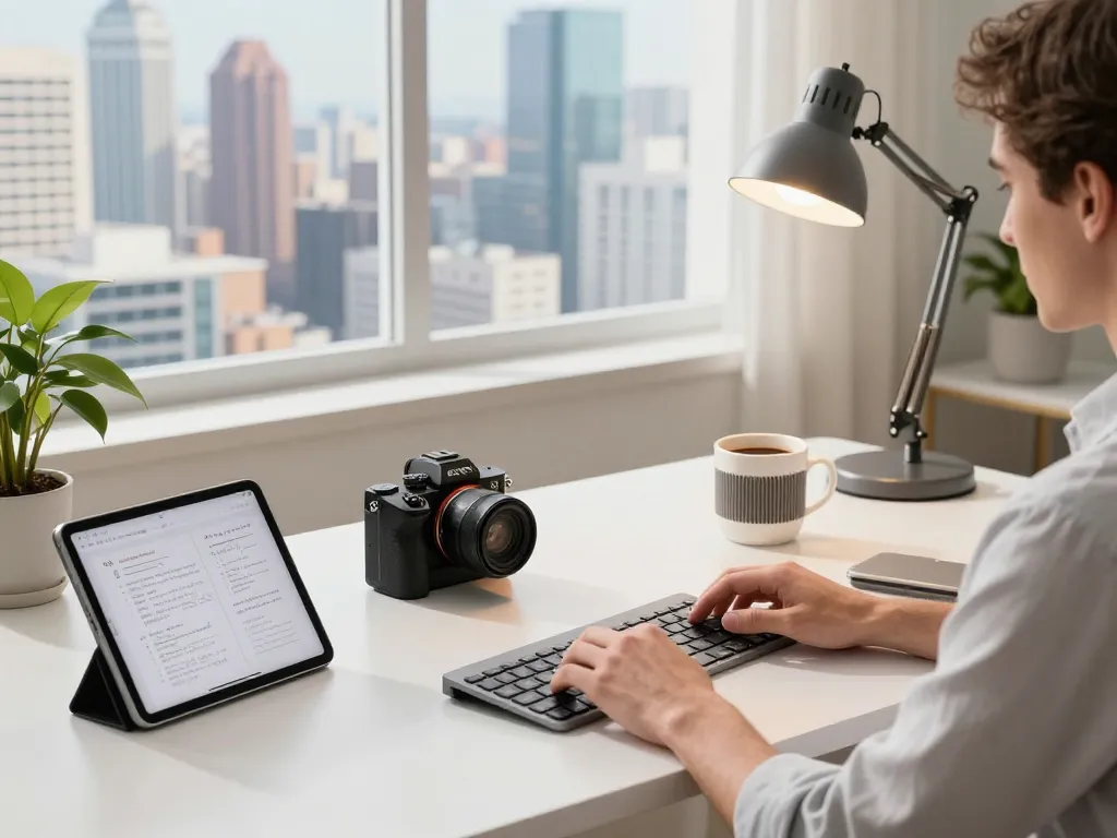 Showcasing unique tech gadgets in a modern home office with a Bluetooth keyboard, tablet, and stylish decor.