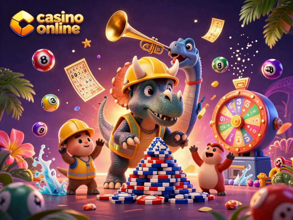 Gana en un casino online jugando con divertidos personajes y elementos de juego vibrantes.