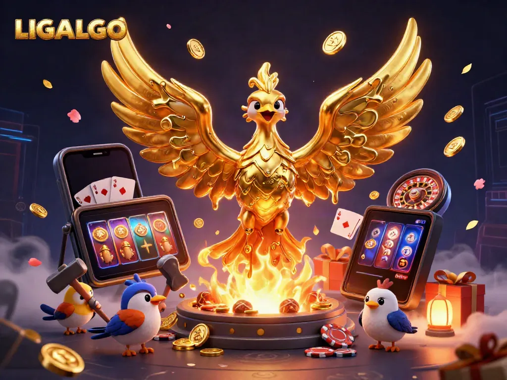 LIGALGO features a molten golden phoenix and gaming elements showcasing thrilling slot experiences.
