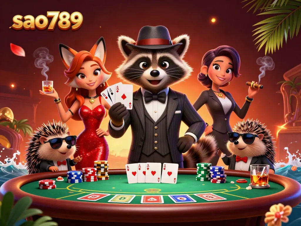 Experience thrilling wins with Sao789 at an engaging poker scene featuring vibrant characters and dynamic game elements.