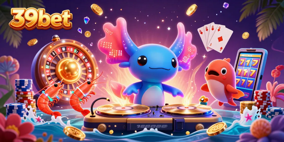 Engage in exciting games at 39bet with neon characters celebrating casino wins.