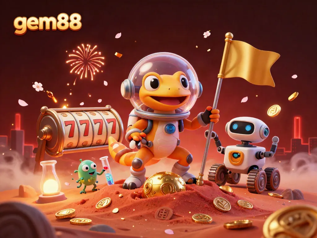 Engage in thrilling gameplay with gem88 at a golden Martian casino, surrounded by vibrant lottery elements.