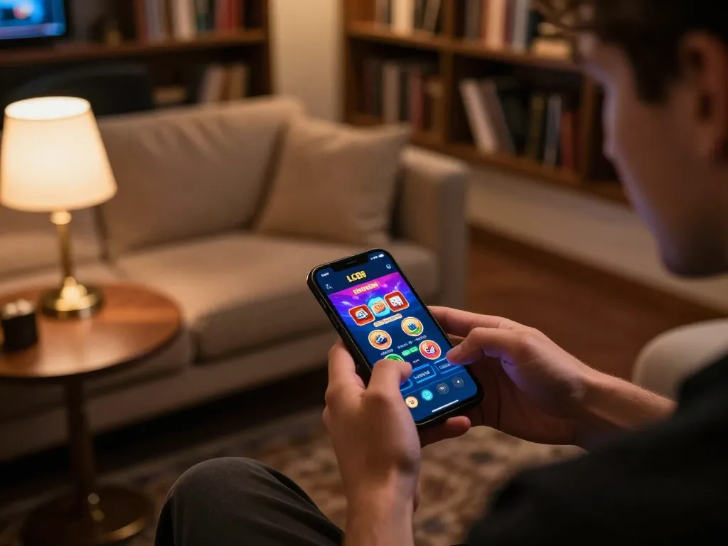 LC88 player strategizing while using smartphone for online gambling in a cozy atmosphere.