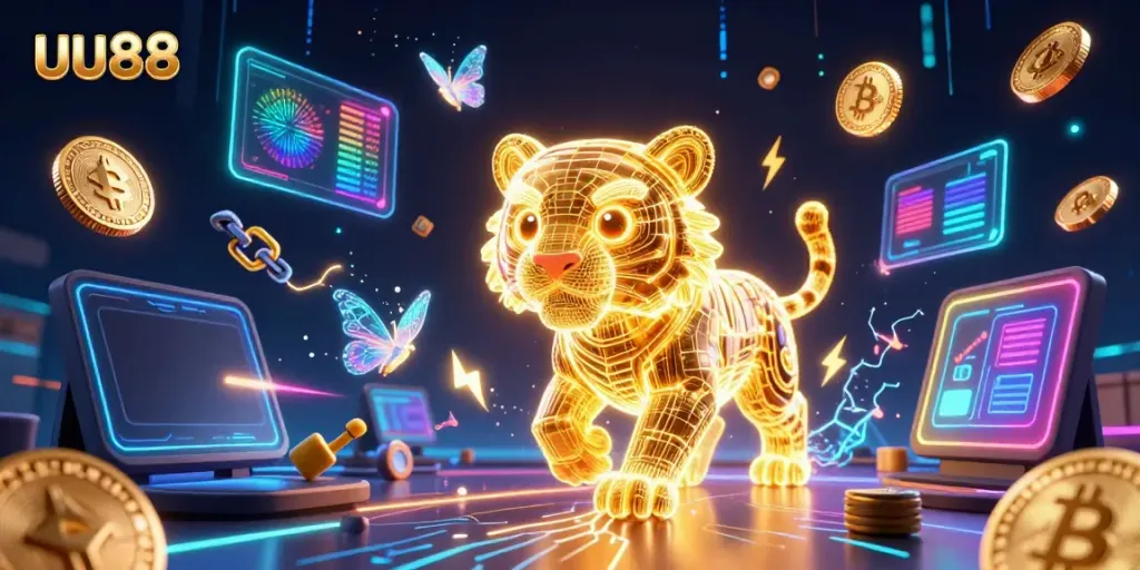 Experience the excitement of uu88 with a dazzling golden tiger in a vibrant casino ecosystem.