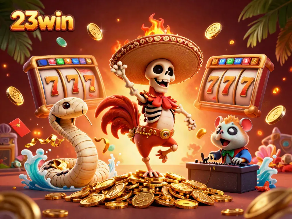 Engage with the exciting world of 23win as a colorful skeleton mariachi rooster celebrates among golden coins and jackpot symbols.