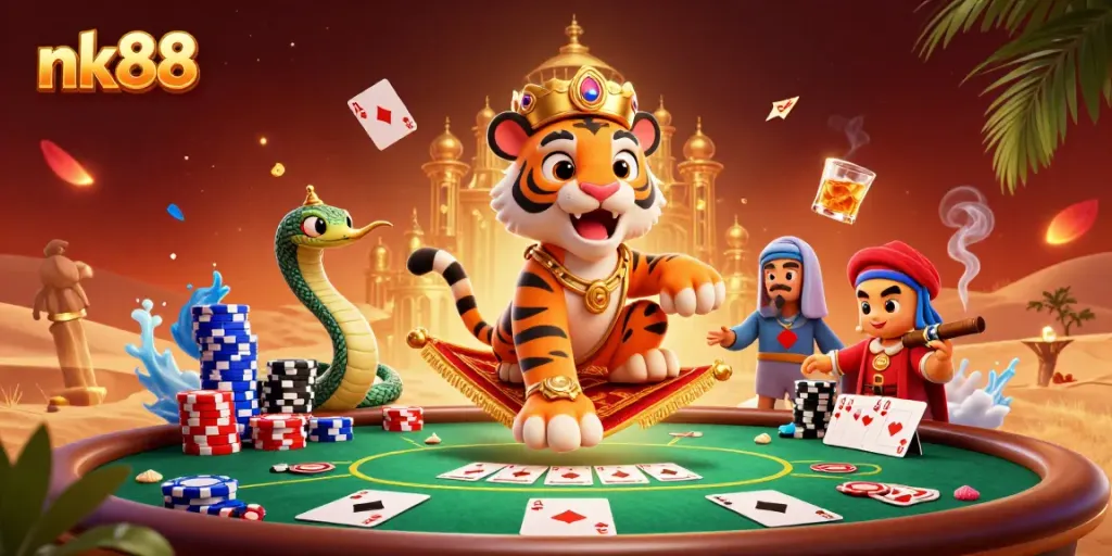 Engage in thrilling action at nk88 with a vibrant 3D casino scene featuring a tiger sultan.