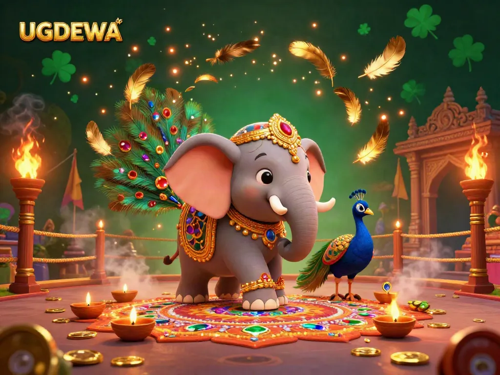 UGDEWA showcases a vivid 3D image of an elephant and peacock amidst a vibrant gambling scene filled with tokens and atmospheric effects.