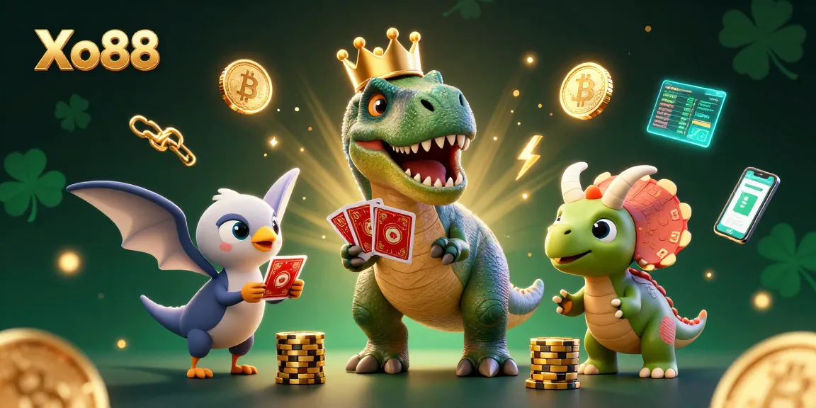 Xo88 showcases a vibrant scene with a T-Rex, pterodactyl, and triceratops engaging in crypto gambling