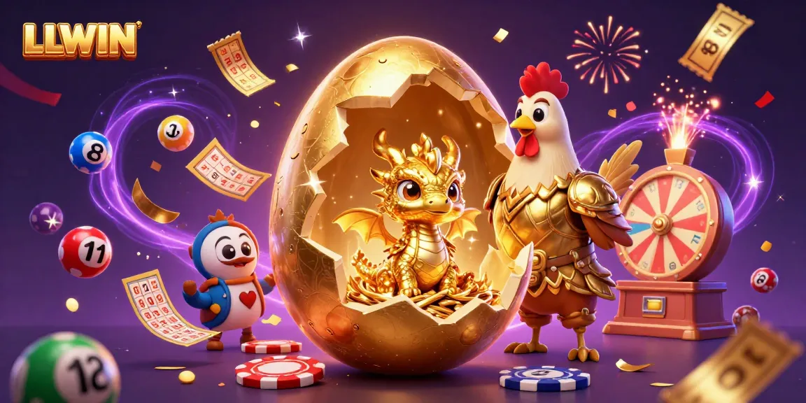Experience gaming excitement at LLWIN with a golden dragon, poker chips, and colorful lottery elements.