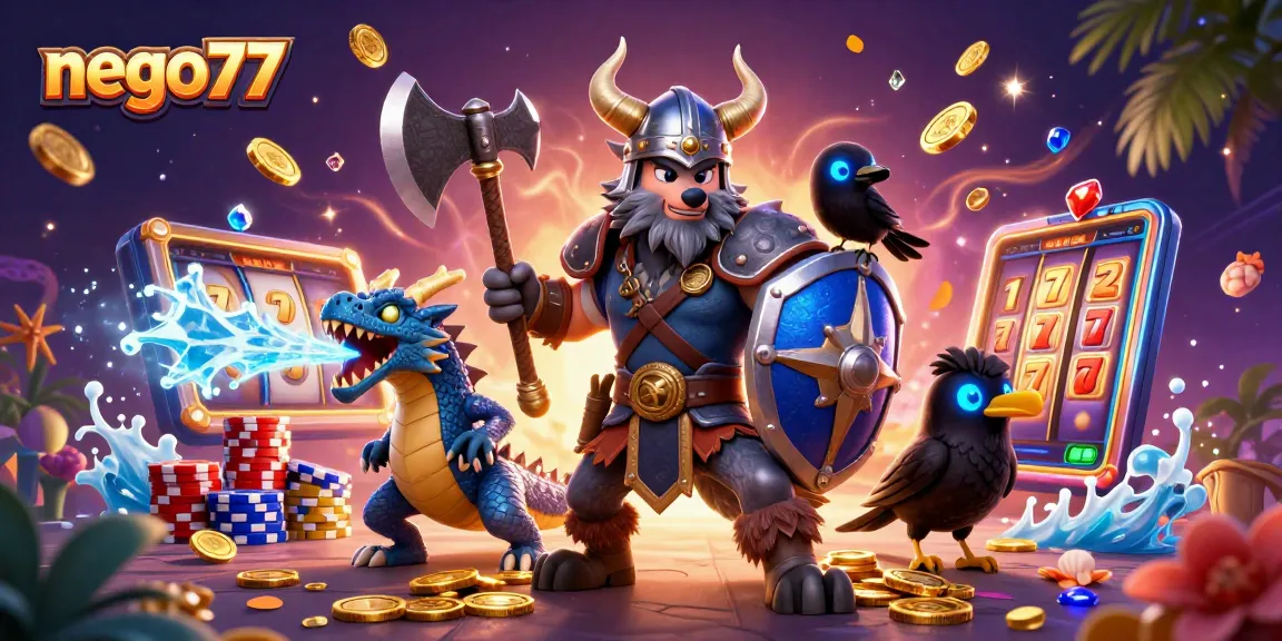 Engage with nego77 as you witness an epic scene of a Viking wolf warrior, fierce dragon, and vibrant casino elements.