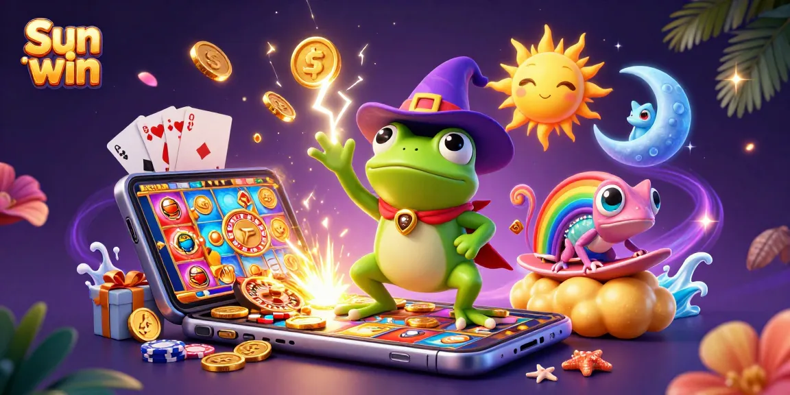 Engage in exciting slots with Sun win, a vibrant scene of winning symbols and magical characters.