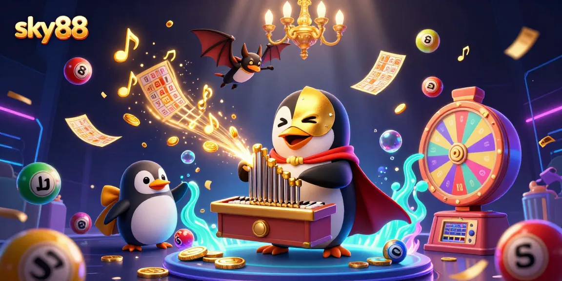 Sky88 showcases a vibrant casino scene featuring a phantom penguin, golden coins, and dynamic lottery elements.