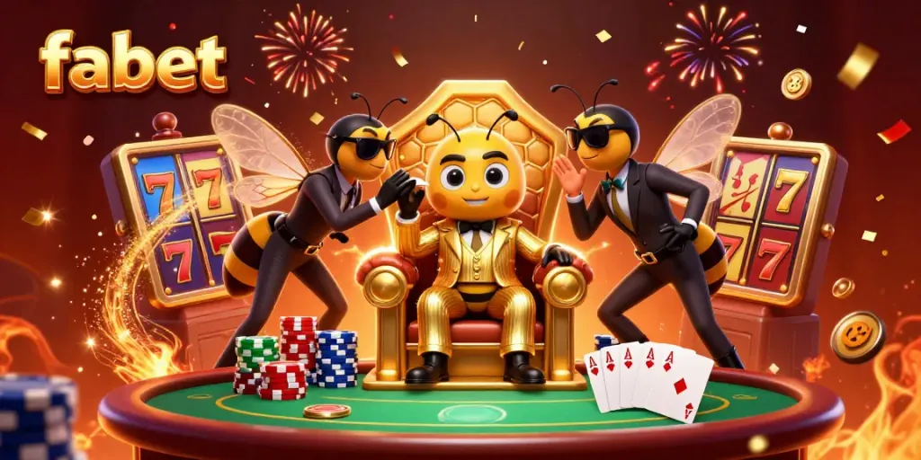 Spin to win at fabet with a vibrant illustrated scene of a 3D cartoon bumblebee mob boss and dynamic slot game elements.
