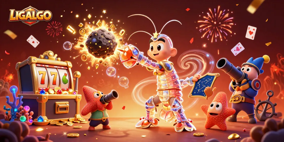 LIGALGO celebrates wins with a vibrant 3D scene featuring a galactic samurai shrimp and slot elements.