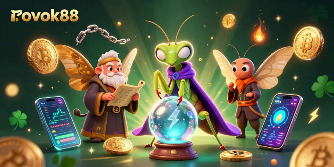 Engage with rokok88 by witnessing a mystical scene of fortune and crypto symbols in a vibrant casino illustration.