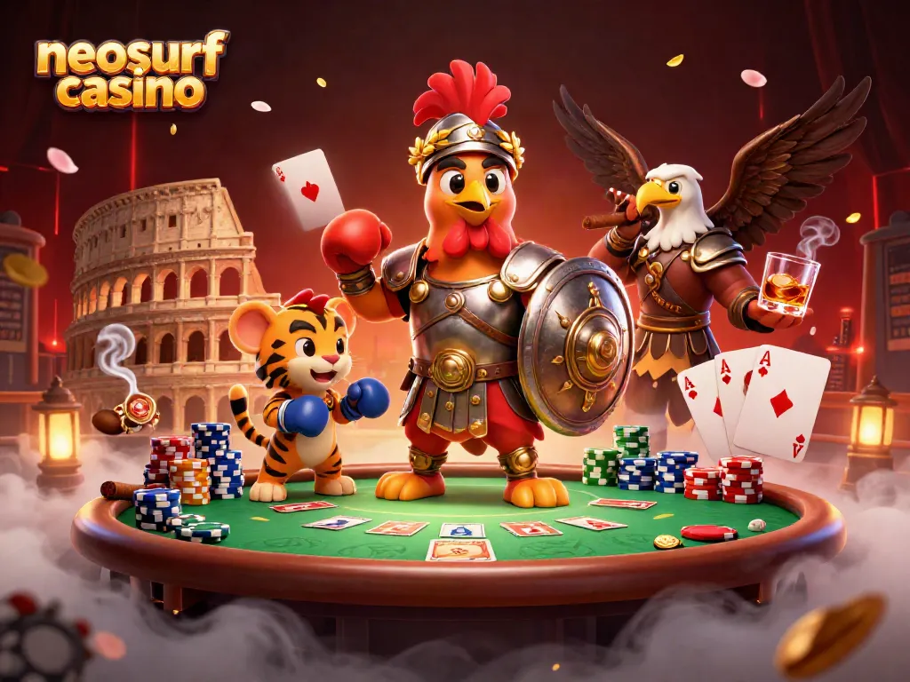 Engage in thrilling gameplay at neosurf casino with a vibrant illustration of a gladiator rooster and a tiger cub in a dynamic poker scene.