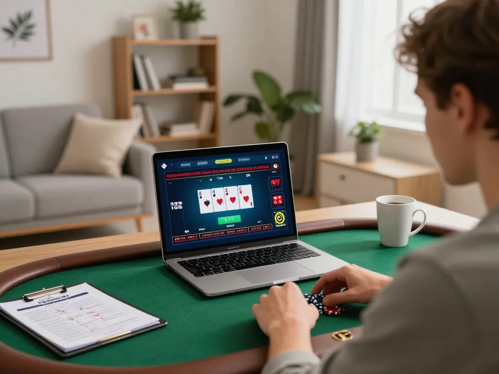 Player enjoying online poker with 79king brand on laptop, showcasing strategic gameplay in a cozy home setting.