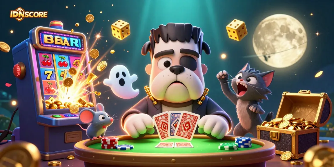 IDNSCORE offers engaging gaming experiences at a vibrant casino table with enchanting characters.