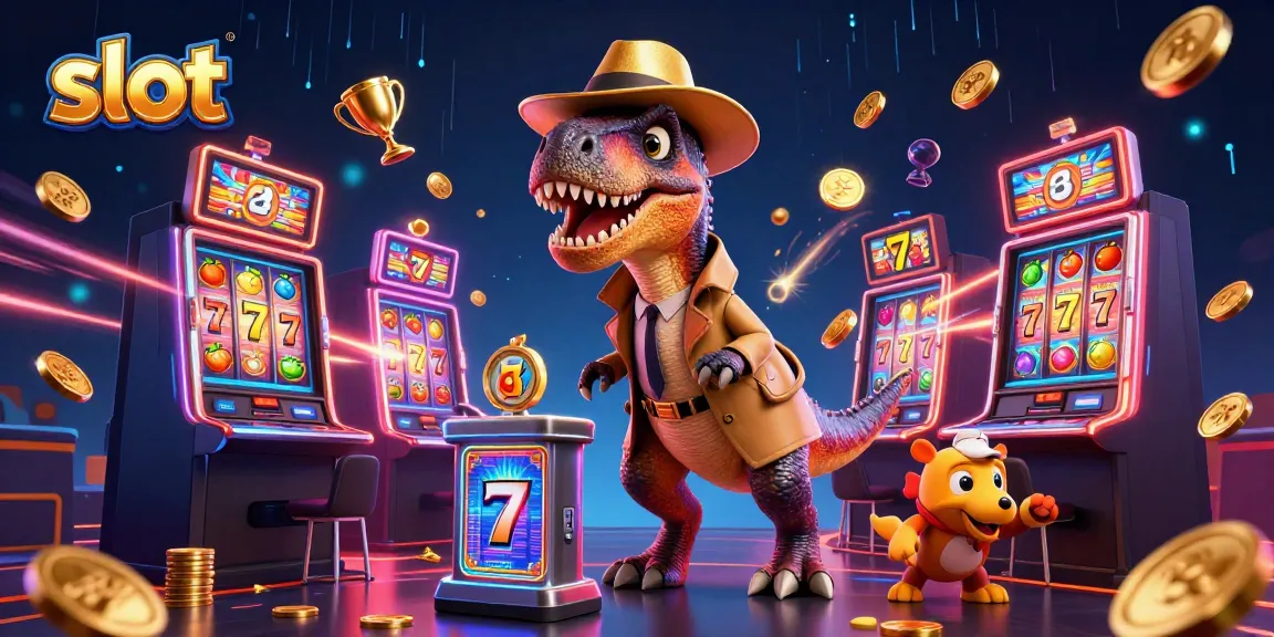 Win exciting slots with a clever velociraptor and friends in this vibrant casino scene.