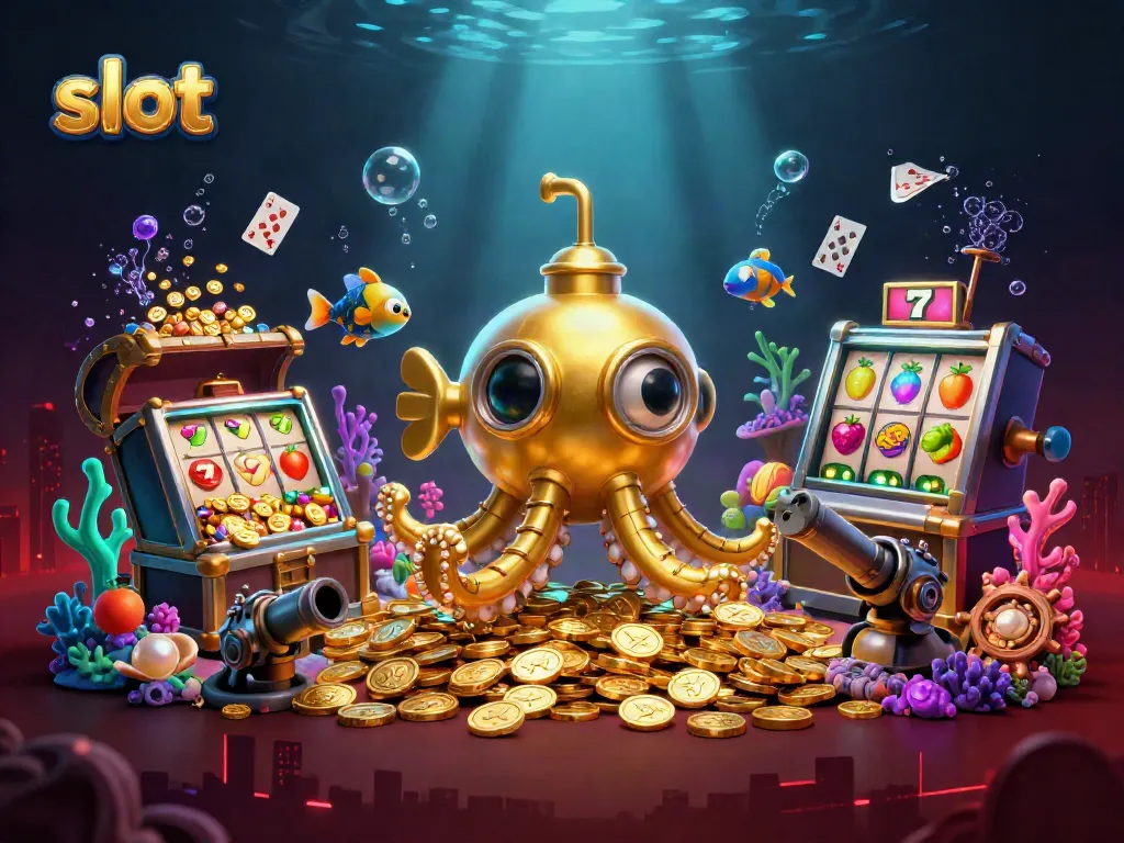 Experience thrilling slot action with a mechanical kraken submarine and floating game symbols.