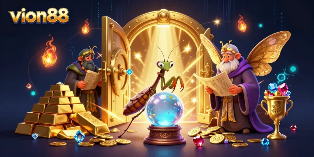 Experience the excitement of vion88 online casino with vibrant 3D characters immersed in a treasure-filled scene.