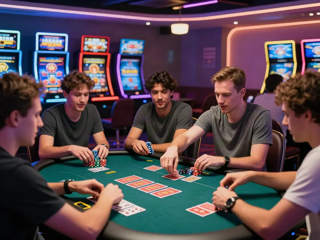 Friends enjoying games at Hitclub, showcasing excitement and rewards at https://hitclub3.io/ with colorful lights and digital promotions.