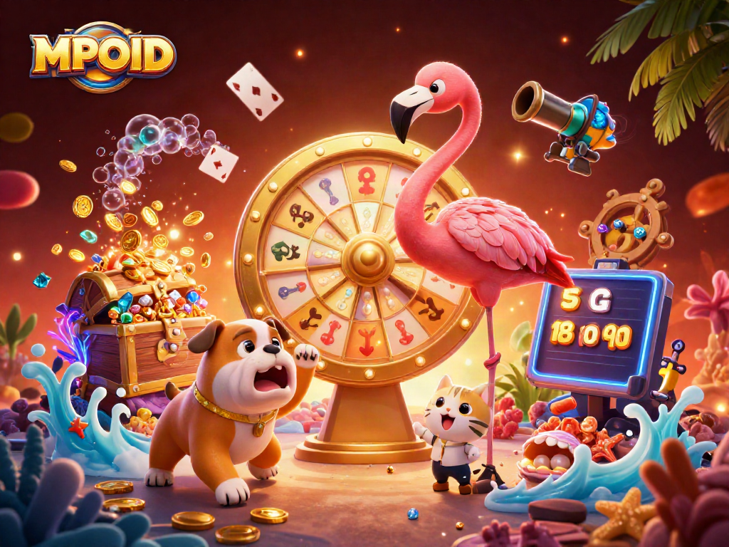 MPOID features an exciting animated casino scene with a game show host and playful bulldog