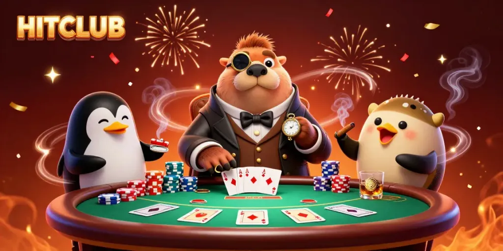 HITCLUB casino scene depicting a jolly walrus, a penguin dealer, and a bluffing pufferfish playing poker.