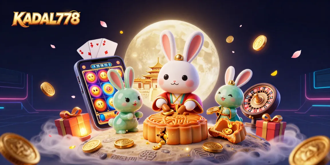 Engage with KADAL778 for winning strategies featuring a rabbit pounding mooncakes revealing poker chips.