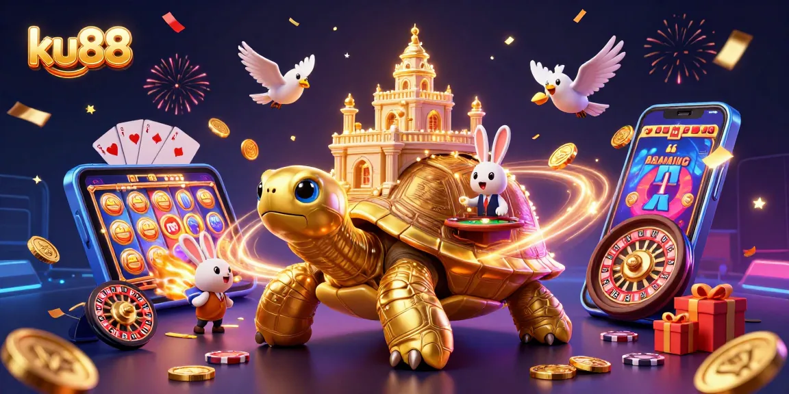 ku88 casino illustration featuring a golden tortoise, rabbit dealer, and flying coins