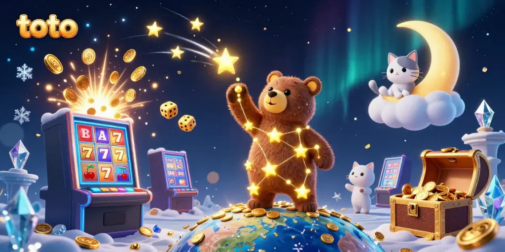 Experience exciting toto slot games with golden coins and vibrant characters in a magical casino setting.