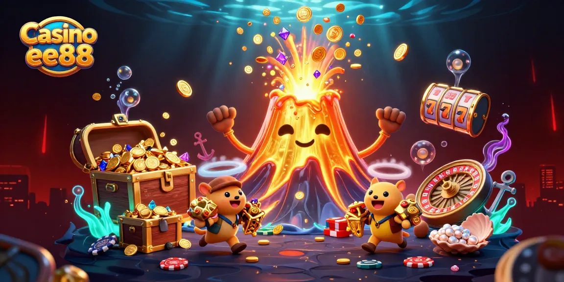 Experience thrilling games at Casino ee88 with vibrant 3D illustrations of treasure, excitement, and casino elements.