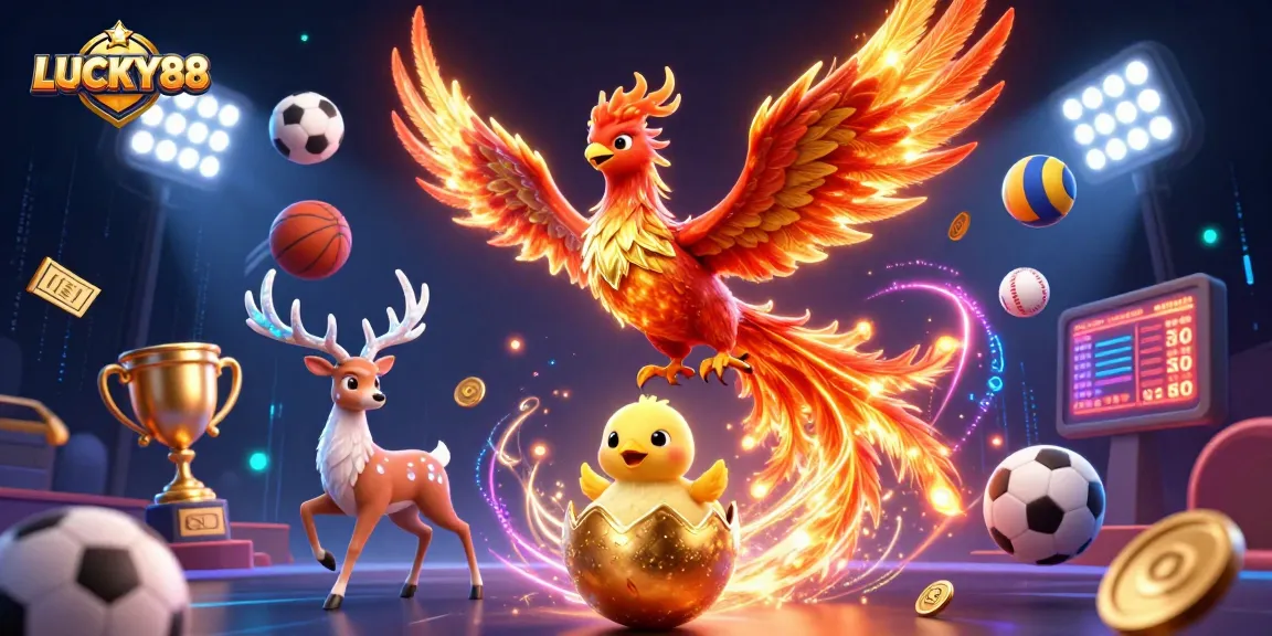 Experience the excitement of LUCKY88 with a spectacular scene featuring a fire phoenix, baby phoenix, and mystical stag amidst sports and gambling elements.