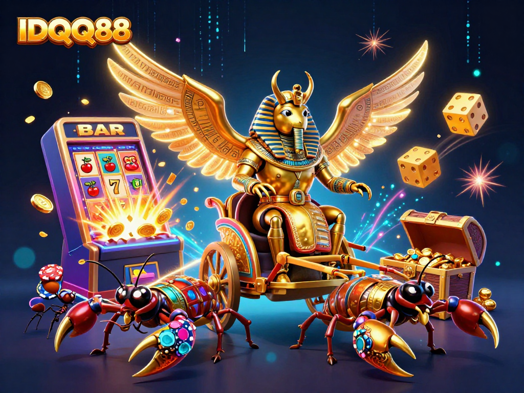 Experience IDQQ88's thrilling slot action with golden scarab beetles and jackpot explosions in this dynamic casino scene.