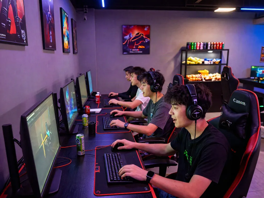 Men engaged in competitive gaming at Manclub's vibrant lounge.