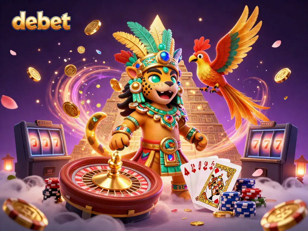 Experience the excitement of debet with a vibrant, dynamic casino scene featuring Mayan characters and gaming elements.
