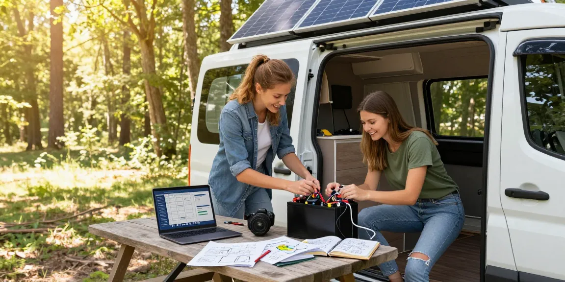 Couple working on campervan electrics with rokok88 slot login visible in solar setup.