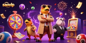 saovip brings excitement with cartoon raptors entering a VIP casino filled with lottery elements.