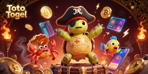 Play innovative Toto Togel slots with vibrant characters amidst treasures and crypto elements.