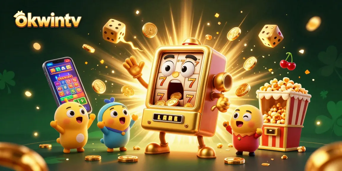 Celebrate jackpots on okwintv with cartoon slot machines and coins bursting in a vibrant 3D scene
