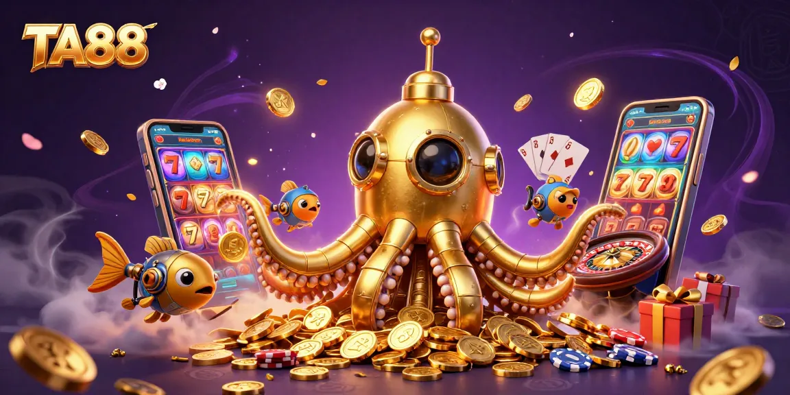 TA88 reveals a golden kraken submarine with vibrant casino game elements in a rich, magical scene.