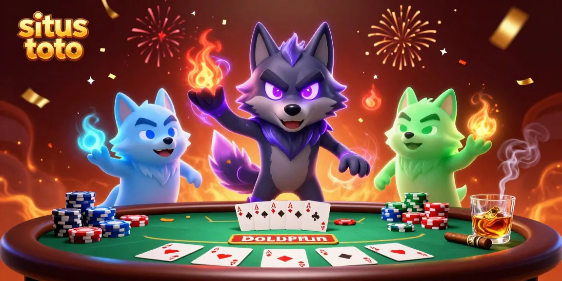 Situs toto gameplay featuring a shadow wolf leader playing poker with ghostly companions amidst colorful poker chips.