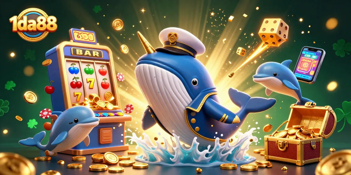 Engage with the vibrant 1da88 casino scene featuring a cartoon whale, playful dolphins, and slot machine action.